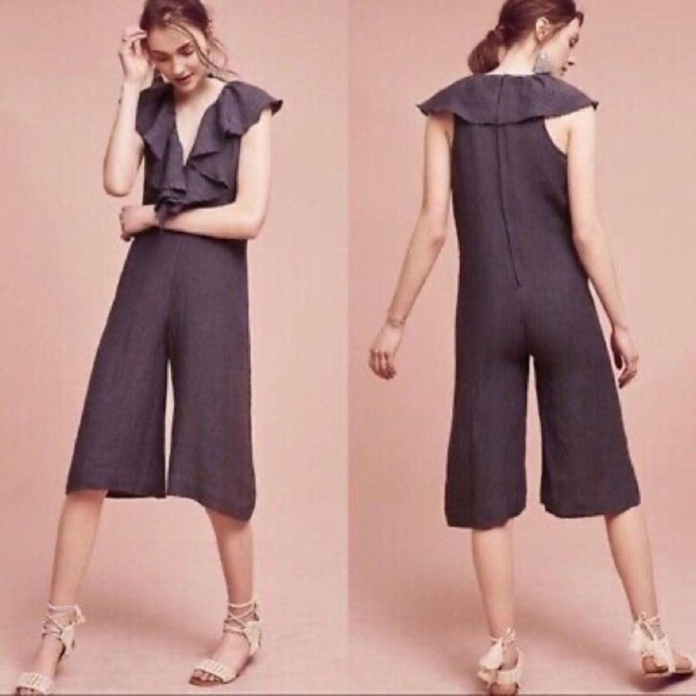 Maria Stanley Anthropologie Cascada Ruffle Jumpsuit, Black Wide Leg Romper, Sz L